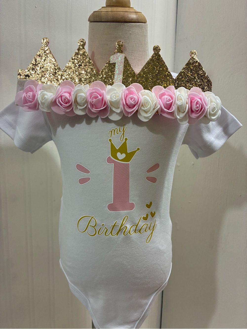 First Birthday Baby Girl Bodysuit with Pink and Gold Floral Crown